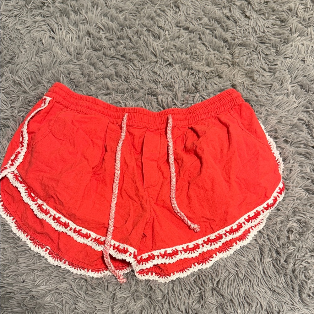 Free People Women’s Red Crochet Trim Drawstring Shorts